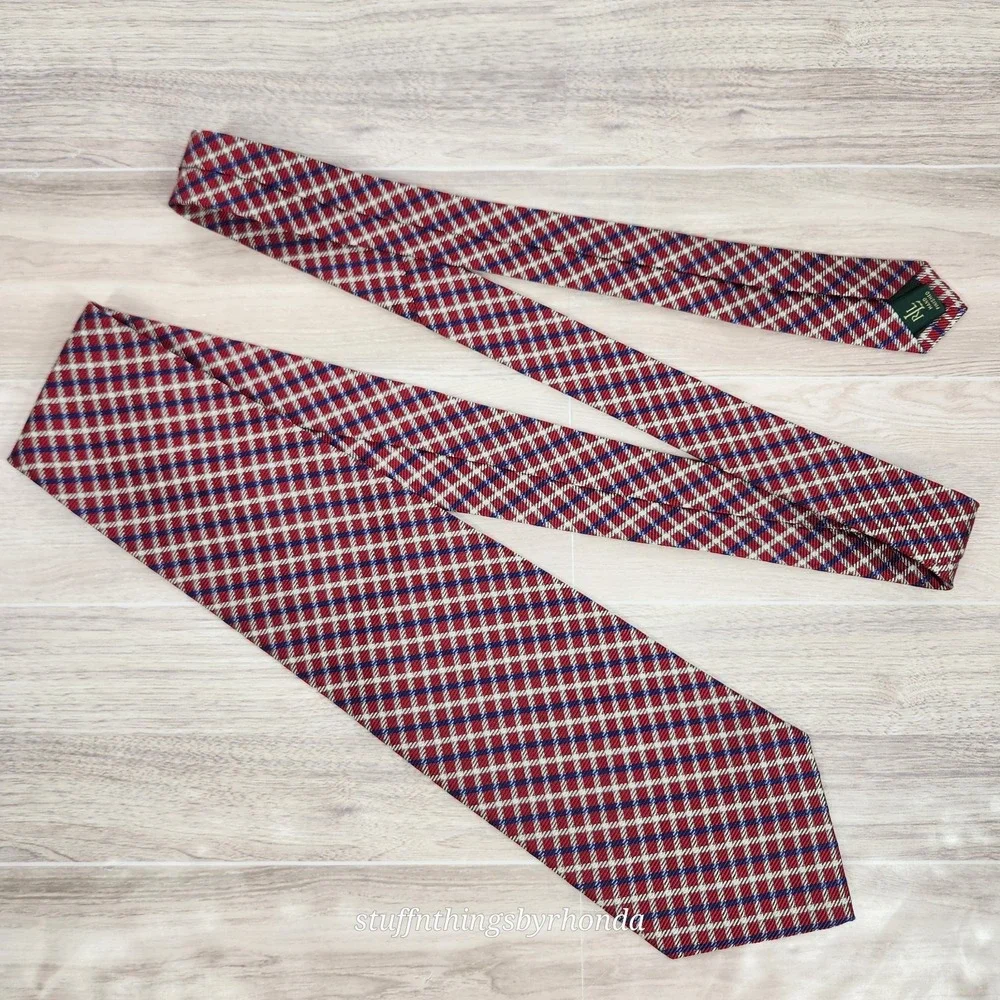 Lauren Ralph Lauren Men's Tie Red,‎ White & Blue Check Pattern 56